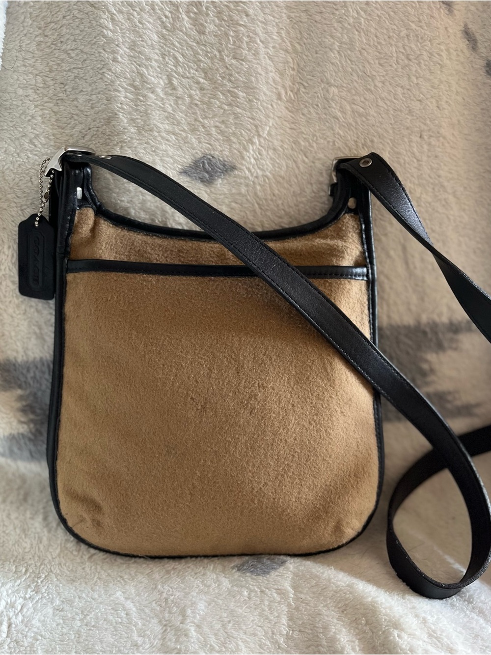 Vintage 90s Coach Tan w- Black Trim rare Wool Crossbody Messenger Handbag Purse
